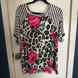 Maurices Pink Floral and Leopard Print Striped Top